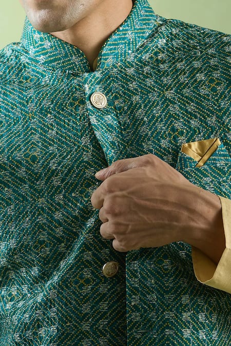 Buy Arihant Rai Sinha Green Cotton, Silk Sequins, Embroidery Bandhani Print Bundi And Kurta Set Online at Aza Fashions Buy_Arihant Rai Sinha_Green Cotton, Silk Sequins, Embroidery Bandhani Print Bundi And Kurta Set _Online_at_Aza_Fashions
