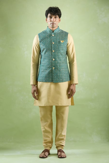 Shop Arihant Rai Sinha Green Cotton, Silk Sequins, Embroidery Bandhani Print Bundi And Kurta Set Online at Aza Fashions Shop_Arihant Rai Sinha_Green Cotton, Silk Sequins, Embroidery Bandhani Print Bundi And Kurta Set _Online_at_Aza_Fashions