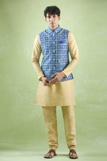 Arihant Rai Sinha_Gold Silk, Cotton Sequins, Embroidery Bandhani Print Bundi And Kurta Set _at_Aza_Fashions