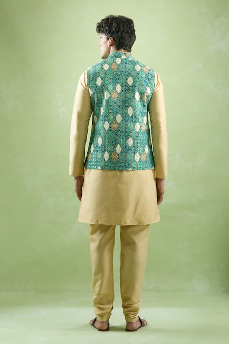 Shop_Arihant Rai Sinha_Green Cotton, Silk Sequins, Embroidery Bandhani Printed Kurta And Bundi Set _at_Aza_Fashions