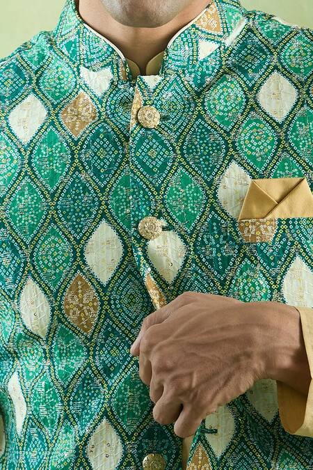 Arihant Rai Sinha_Green Cotton, Silk Sequins, Embroidery Bandhani Printed Kurta And Bundi Set _Online_at_Aza_Fashions