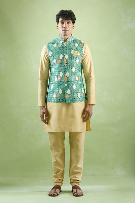 Buy_Arihant Rai Sinha_Green Cotton, Silk Sequins, Embroidery Bandhani Printed Kurta And Bundi Set _Online_at_Aza_Fashions