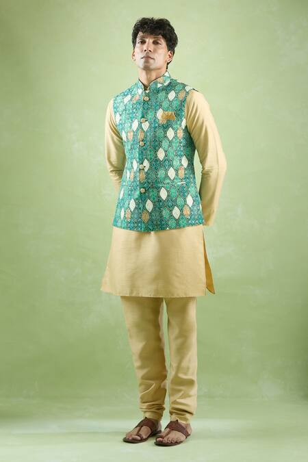 Shop_Arihant Rai Sinha_Green Cotton, Silk Sequins, Embroidery Bandhani Printed Kurta And Bundi Set _Online_at_Aza_Fashions