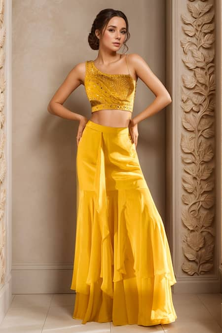 Samyukta Singhania Yellow Crepe Embroidered Mirror Asymmetric Blouse With Skirt 