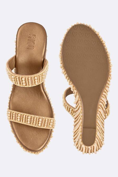 Sko Gold Pearl Penina Embellished Wedges Online at Aza Fashions Sko_Gold Pearl Penina Embellished Wedges_Online_at_Aza_Fashions