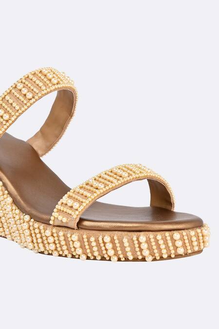 Sko Gold Pearl Penina Embellished Wedges at Aza Fashions Sko_Gold Pearl Penina Embellished Wedges_at_Aza_Fashions