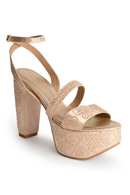 Shop Sko Rose Gold Crystals Tulip Metallic Studded Heels at Aza Fashions Shop_Sko_Rose Gold Crystals Tulip Metallic Studded Heels_at_Aza_Fashions