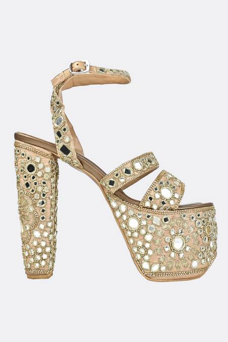 Shop_Sko_Gold Mirrors, Zari Hour Embroidered Platform Heels_Online_at_Aza_Fashions