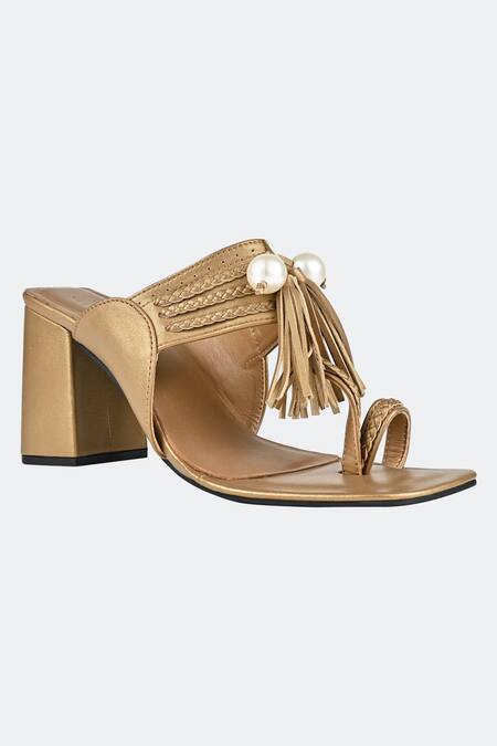 Shop_Sko_Gold Pearl Kolhapuri Tassel Block Heels_Online_at_Aza_Fashions
