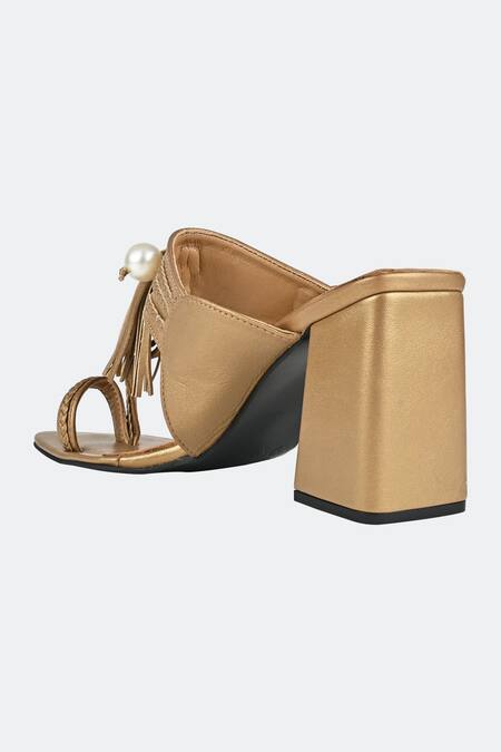 Sko_Gold Pearl Kolhapuri Tassel Block Heels_at_Aza_Fashions