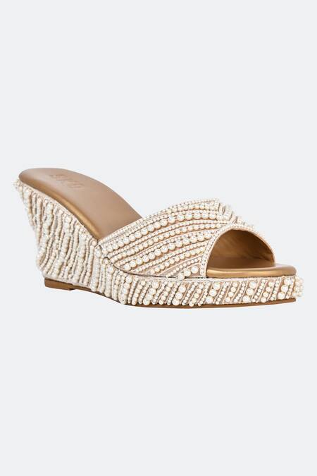 Shop_Sko_Gold Pearl Merjen Embroidered Wedges_at_Aza_Fashions