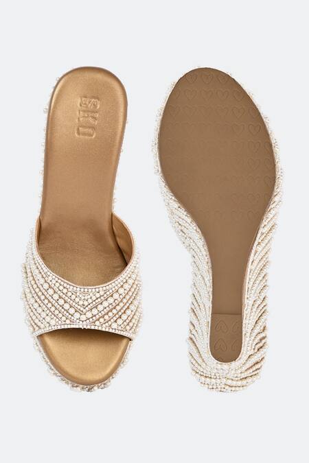 Sko_Gold Pearl Merjen Embroidered Wedges_Online_at_Aza_Fashions