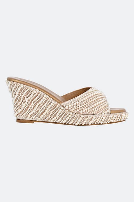 Buy_Sko_Gold Pearl Merjen Embroidered Wedges_Online_at_Aza_Fashions