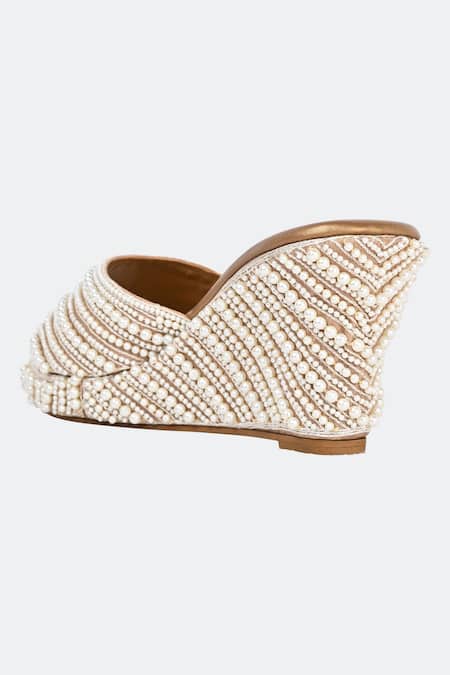Shop_Sko_Gold Pearl Merjen Embroidered Wedges_Online_at_Aza_Fashions