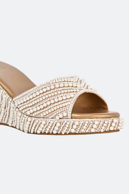 Sko_Gold Pearl Merjen Embroidered Wedges_at_Aza_Fashions