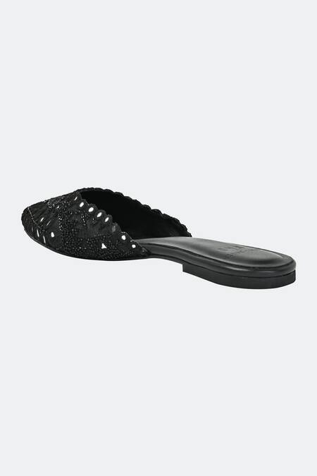 Sko_Black Midnight Elegance Embroidered Mule Flats_at_Aza_Fashions