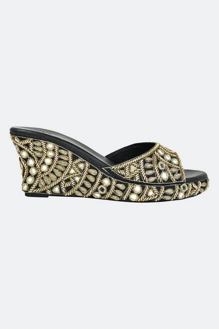 Buy_Sko_Black Mirrors, Zari Mystic Kasab Embroidered Wedges_Online_at_Aza_Fashions