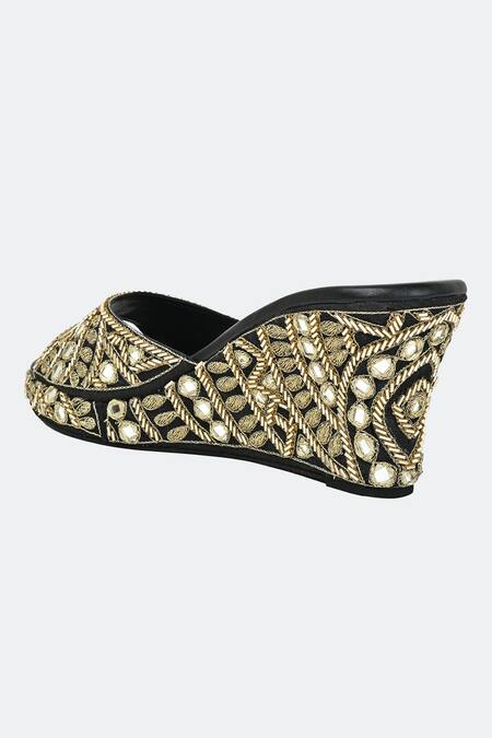 Shop_Sko_Black Mirrors, Zari Mystic Kasab Embroidered Wedges_Online_at_Aza_Fashions
