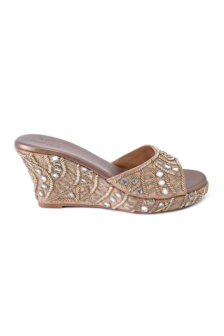 Sko_Gold Mirror Embroidered Peep-toe Wedges_Online_at_Aza_Fashions