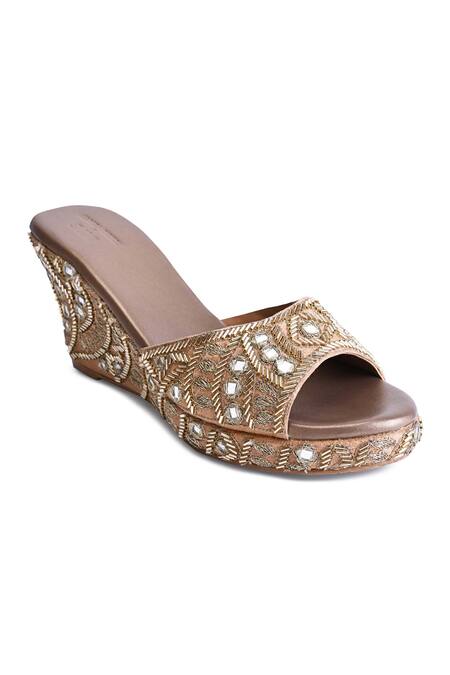 Buy_Sko_Gold Mirror Embroidered Peep-toe Wedges_Online_at_Aza_Fashions