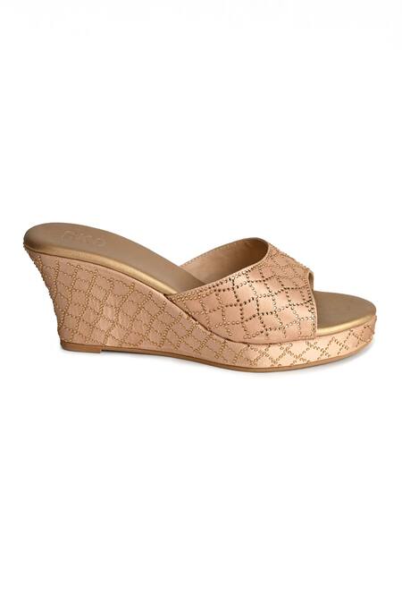 Sko_Gold Crystal Orchid Embellished Wedges_Online_at_Aza_Fashions