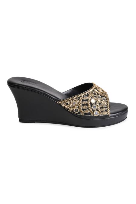 Sko_Black Embroidered Aayna Strap Wedges_Online_at_Aza_Fashions