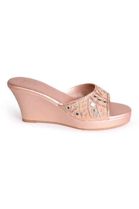 Sko_Rose Gold Embroidered Aayna Mirror Wedges_Online_at_Aza_Fashions