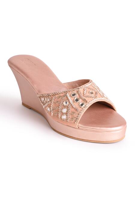 Buy_Sko_Rose Gold Embroidered Aayna Mirror Wedges_Online_at_Aza_Fashions