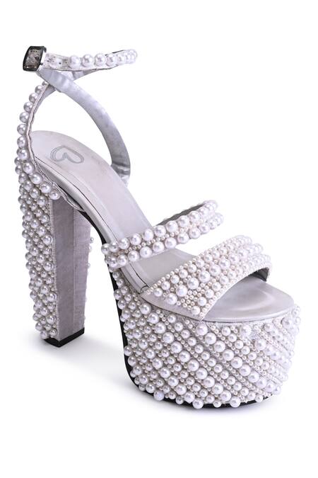 Sko_White Embellished Akoya Pearl Studded Heels_Online_at_Aza_Fashions
