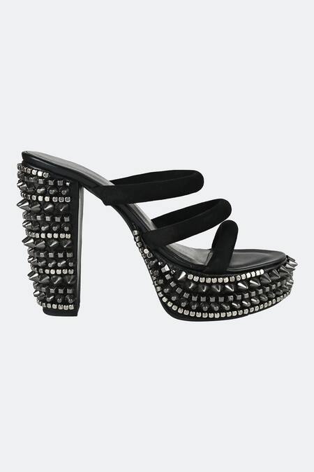 Sko_Black Studs, Rhinestones Studded Tripe Strap Heels_Online_at_Aza_Fashions