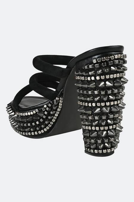 Shop_Sko_Black Studs, Rhinestones Studded Tripe Strap Heels_Online_at_Aza_Fashions