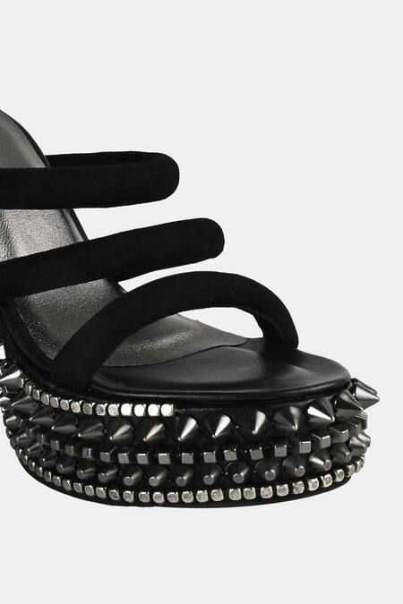 Sko_Black Studs, Rhinestones Studded Tripe Strap Heels_at_Aza_Fashions
