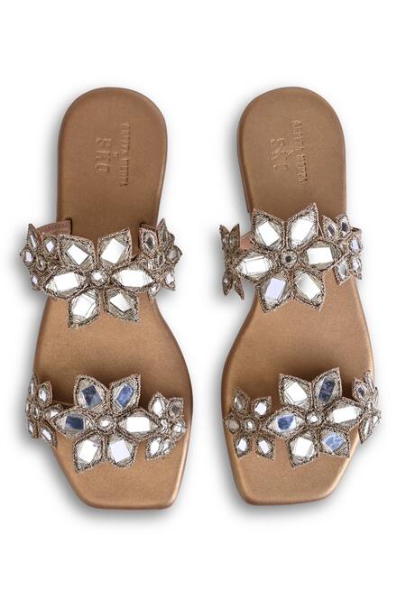 Sko_Gold Embroidered Floral Mirror Flats_Online_at_Aza_Fashions