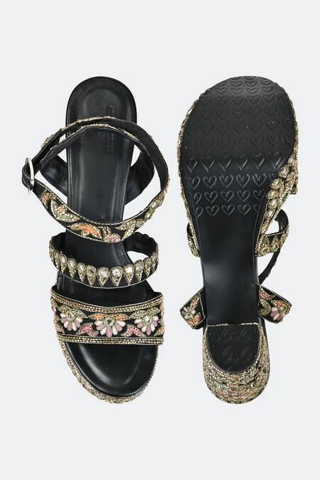 Sko_Black Embroidered Floral Platform Heels_Online_at_Aza_Fashions