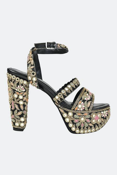 Buy_Sko_Black Embroidered Floral Platform Heels_Online_at_Aza_Fashions