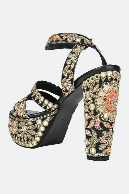 Shop_Sko_Black Embroidered Floral Platform Heels_Online_at_Aza_Fashions