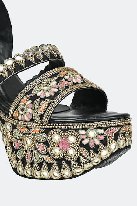 Sko_Black Embroidered Floral Platform Heels_at_Aza_Fashions