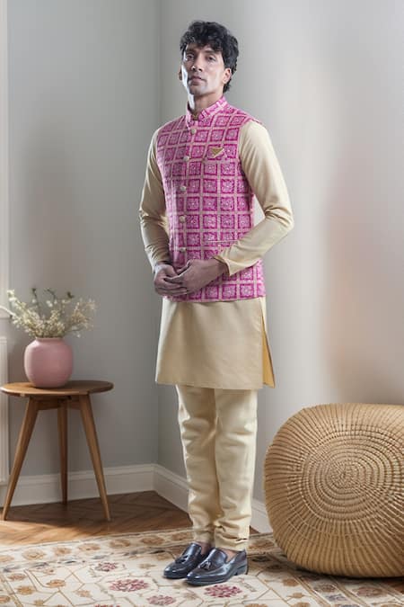 Aryavir Malhotra Pink Kurta And Churidar Silk Embroidered Bandhani Floral Motif Bandi With Set 