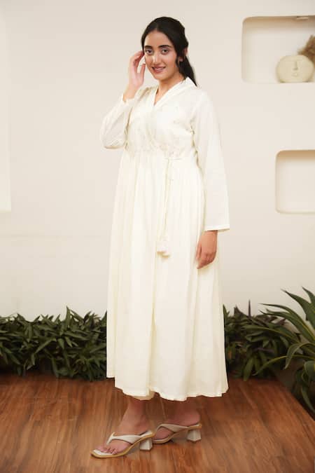 Buy OurDve Beige Cotton Pearls V-neck Embellished Wrap Midi Dress Buy_OurDve_Beige Cotton Pearls V-neck Embellished Wrap Midi Dress