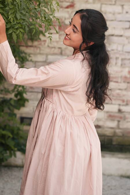 Shop_Ourdve_Pink Cotton Embroidered Pearl V Neck Embellished Midi Dress _at_Aza_Fashions