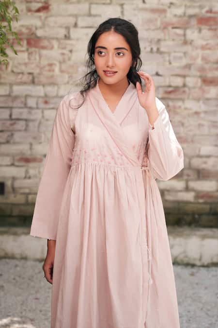 Ourdve_Pink Cotton Embroidered Pearl V Neck Embellished Midi Dress _Online_at_Aza_Fashions