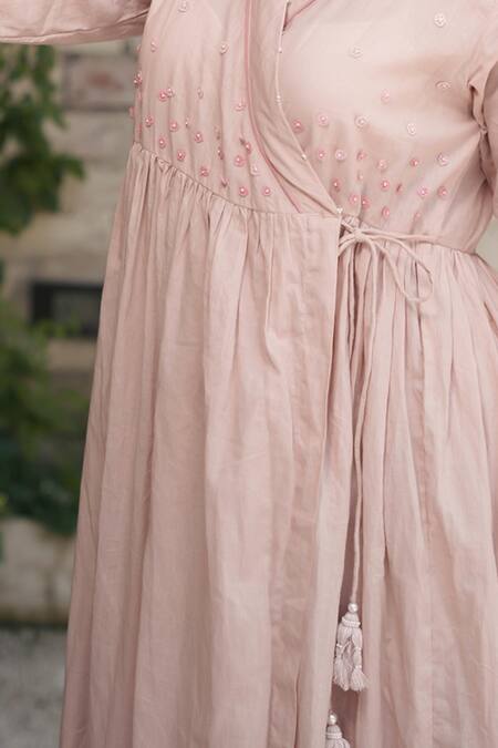 Shop_Ourdve_Pink Cotton Embroidered Pearl V Neck Embellished Midi Dress _Online_at_Aza_Fashions