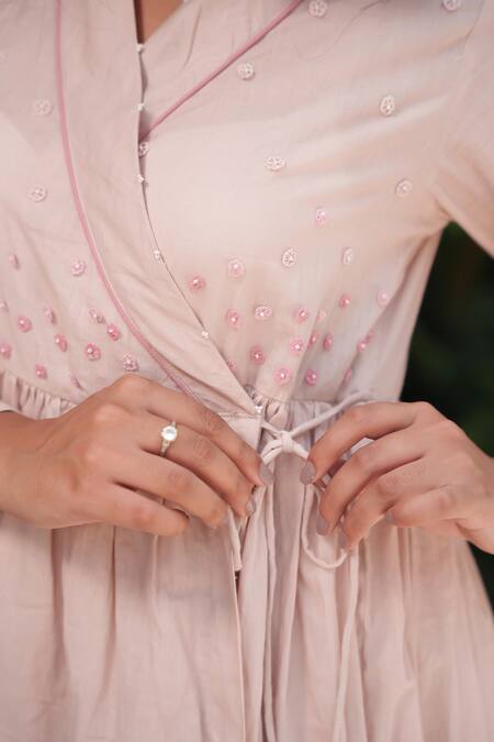 Shop_Ourdve_Pink Cotton Embroidered Pearl V Neck Embellished Midi Dress 