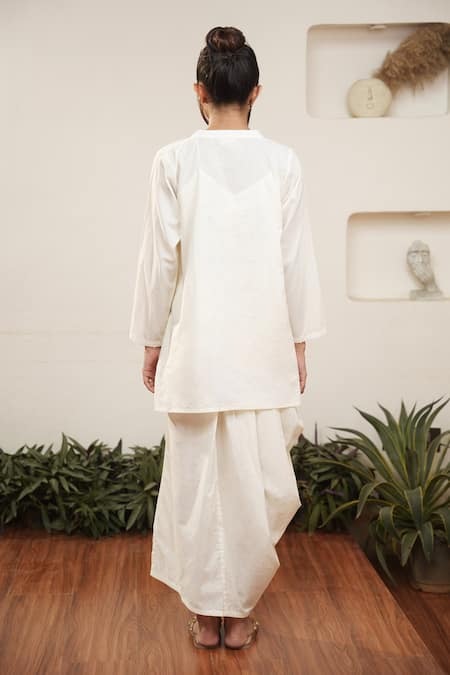 Shop_Ourdve_Beige Cotton Mandarin Collar Plain Top And Draped Skirt Set _at_Aza_Fashions