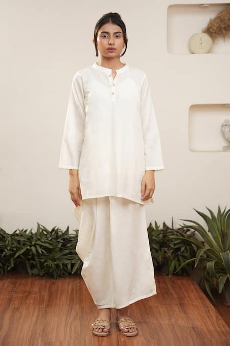 Ourdve_Beige Cotton Mandarin Collar Plain Top And Draped Skirt Set _Online_at_Aza_Fashions