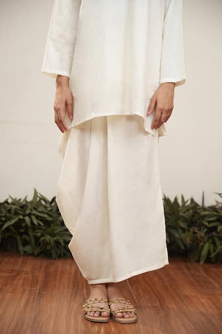 Buy_Ourdve_Beige Cotton Mandarin Collar Plain Top And Draped Skirt Set _Online_at_Aza_Fashions