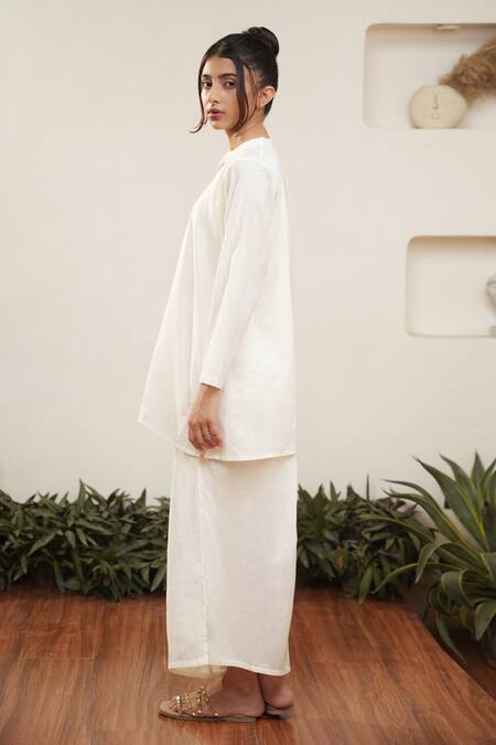 Shop_Ourdve_Beige Cotton Mandarin Collar Plain Top And Draped Skirt Set _Online_at_Aza_Fashions