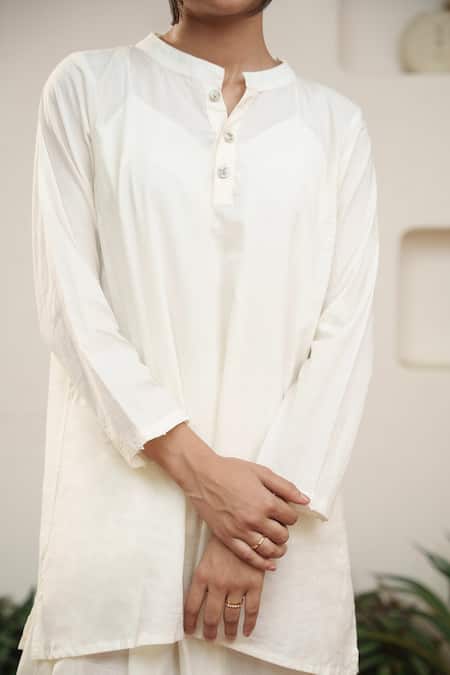 Ourdve_Beige Cotton Mandarin Collar Plain Top And Draped Skirt Set _at_Aza_Fashions