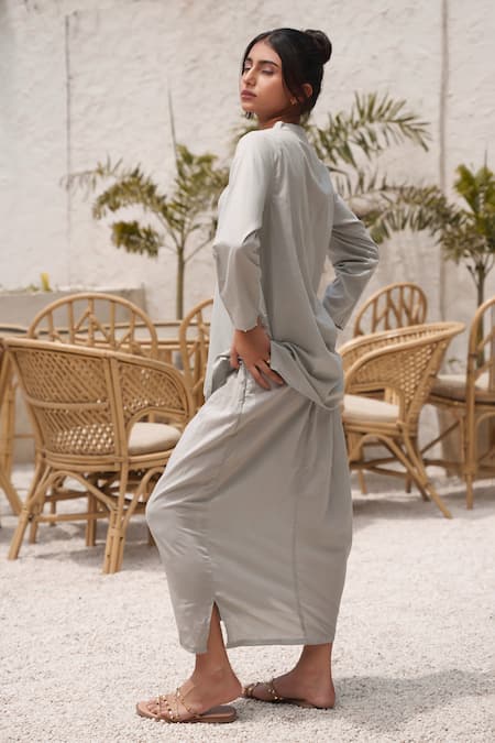 Shop OurDve Grey Cotton Mandarin Collar Plain Top And Draped Skirt Set at Aza Fashions Shop_OurDve_Grey Cotton Mandarin Collar Plain Top And Draped Skirt Set _at_Aza_Fashions