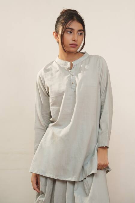 OurDve Grey Cotton Mandarin Collar Plain Top And Draped Skirt Set Online at Aza Fashions OurDve_Grey Cotton Mandarin Collar Plain Top And Draped Skirt Set _Online_at_Aza_Fashions